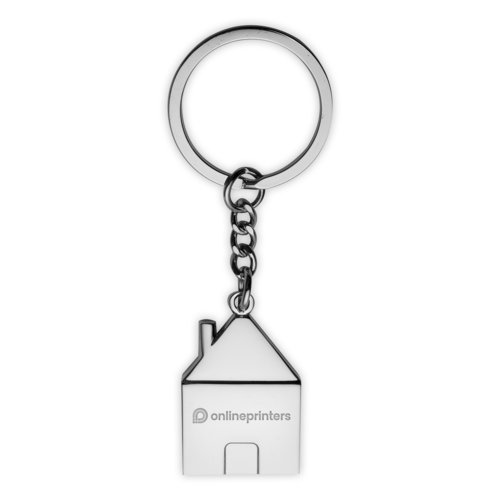 Metalen sleutelhanger in de vorm van een huis met sleutelring.