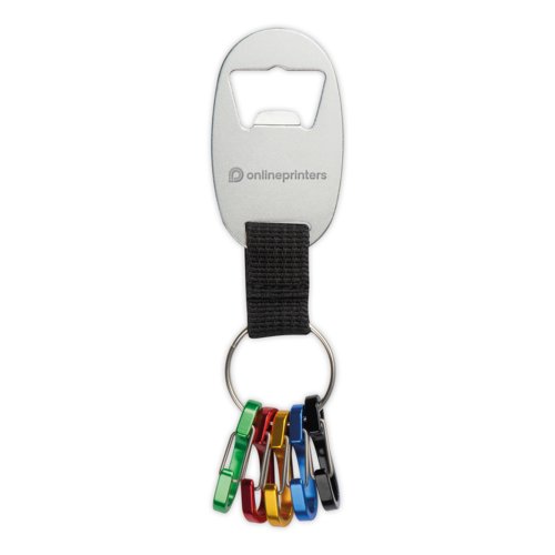 Metalen sleutelhanger met flesopener en karabijnhaak.