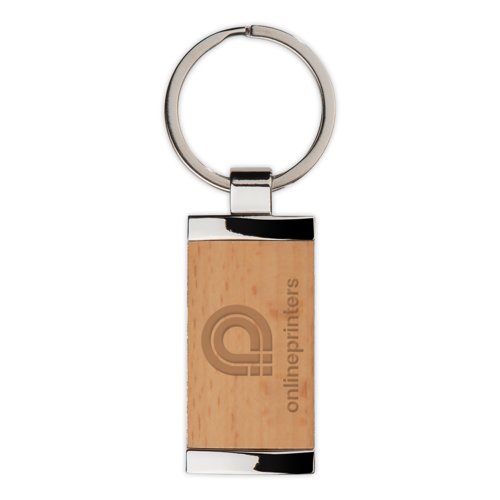 Houten sleutelhanger met metalen rand en metalen ring.