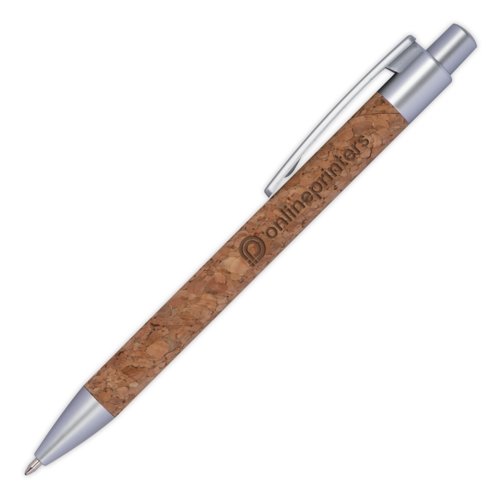 Kurken balpen met clip en drukmechanisme.