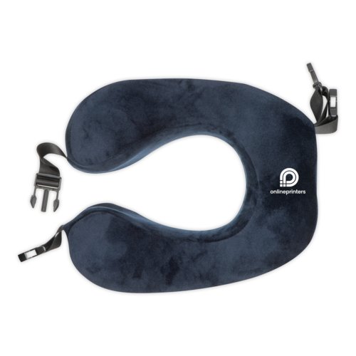 Blauw pluche nekkussen met verstelbare sluiting.
