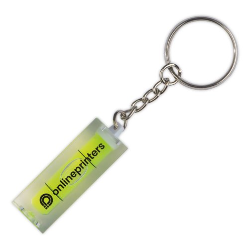 Transparante plastic sleutelhanger met waterpas en metalen ring.
