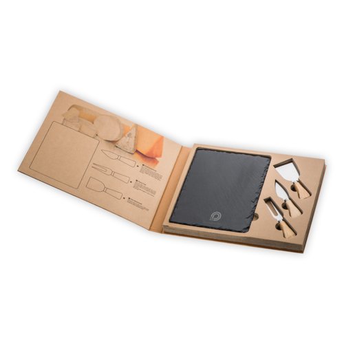 Antracietkleurige kaas set met leisteen bord en kaasmesjes.