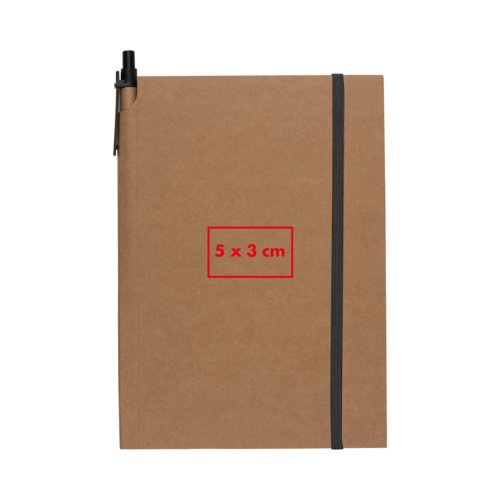 Bruin notitieboek met elastische sluiting en penhouder.