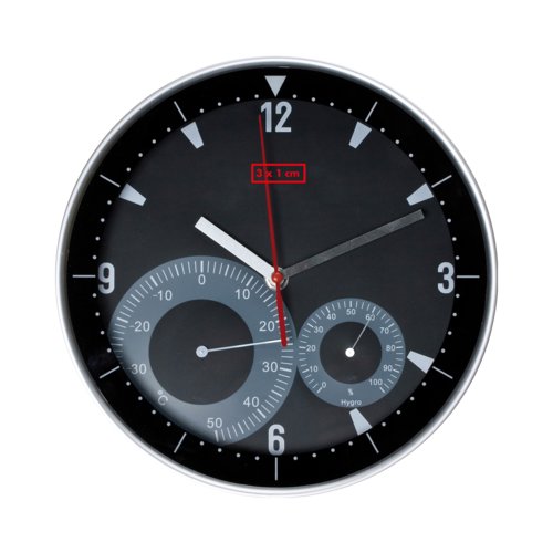 Zwarte wandklok met gentegreerde thermometer en hygrometer.