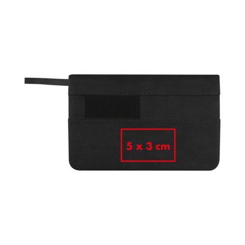Zwart notitieboek met elastische bandsluiting.