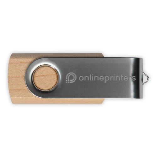 Houten USB-stick met draaibare metalen behuizing.