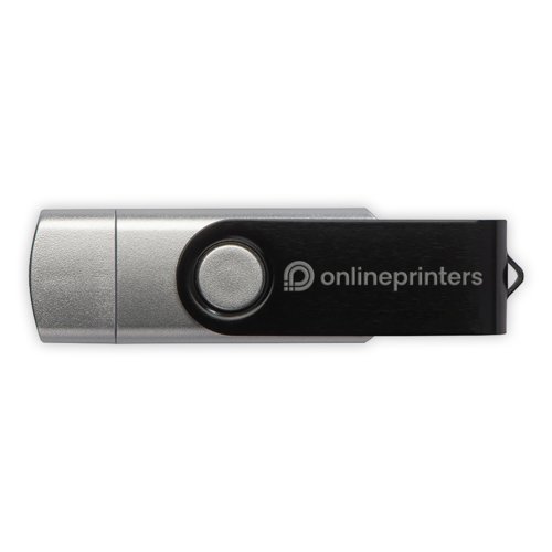 Zilverkleurige USB-stick met draaimechanisme en lus.