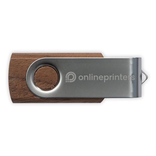 Houten USB-stick met roterende metalen behuizing.