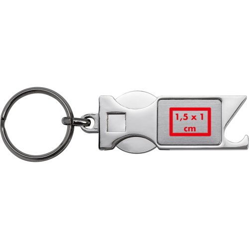 Metalen sleutelhanger met flesopener en winkelwagenmunt.