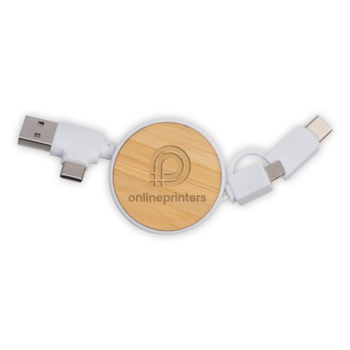 Witte oplaadkabel met bamboe behuizing en verschillende connectoren.