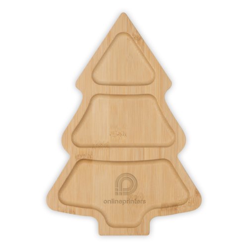 Licht houten snackbak in de vorm van een kerstboom met drie vakken.