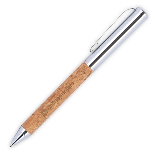 Metalen balpen met kurk elementen, clip en drukmechanisme.