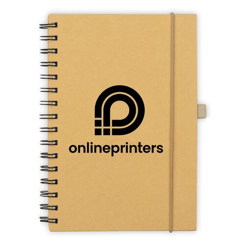 Bruin notitieboek met elastische sluiting en spiraalbinding.
