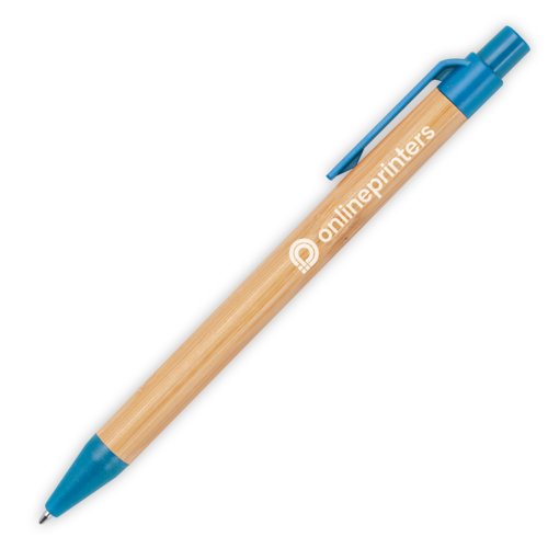 Blauwe bamboe balpen met clip en drukmechanisme.