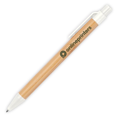 Witte bamboe balpen met clip en drukmechanisme.
