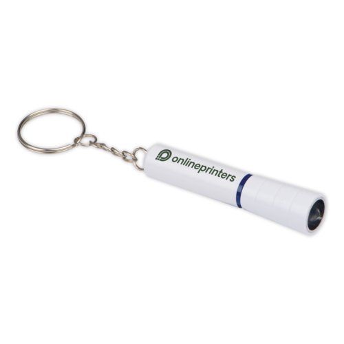 Witte sleutelhanger met LED-licht en metalen ring.