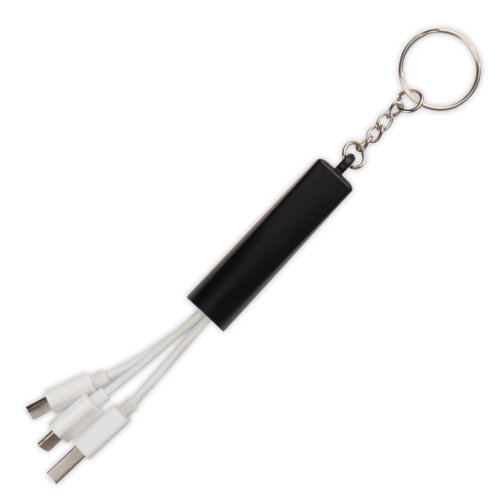 Zwarte 3-in-1 USB-oplaadkabel met sleutelhanger.