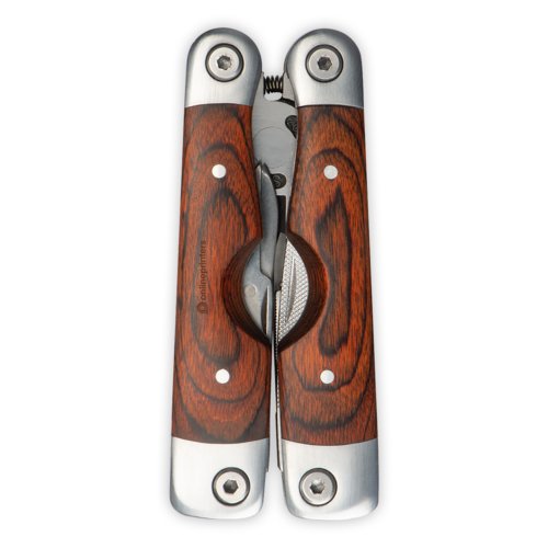 Bruin houten en metalen multi-tool met diverse gereedschappen.