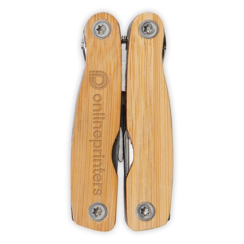 Beige bamboe multitool met diverse gereedschappen.