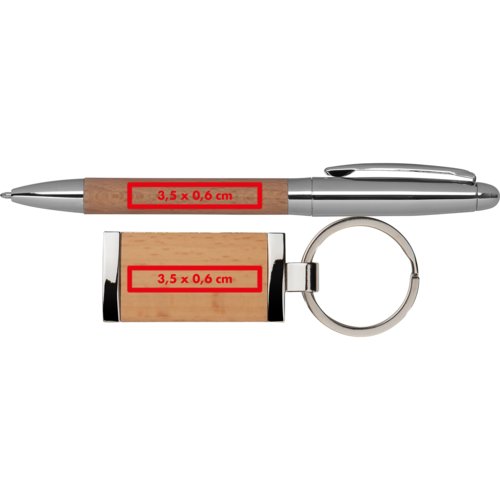 Houten en metalen geschenkset, bestaande uit een balpen en een sleutelhanger.