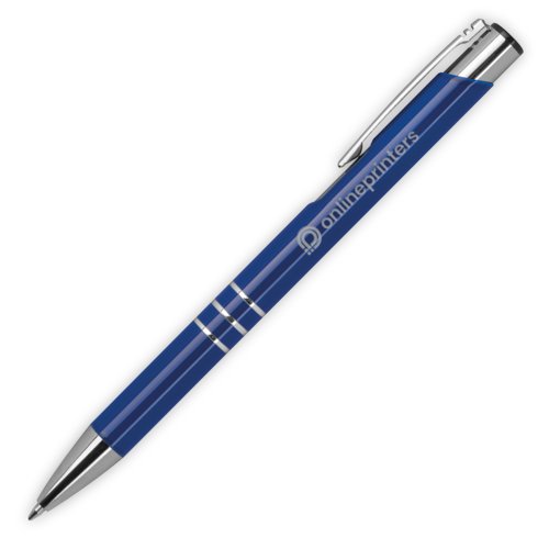 Blauwe metalen balpen met clip en draaimechanisme.