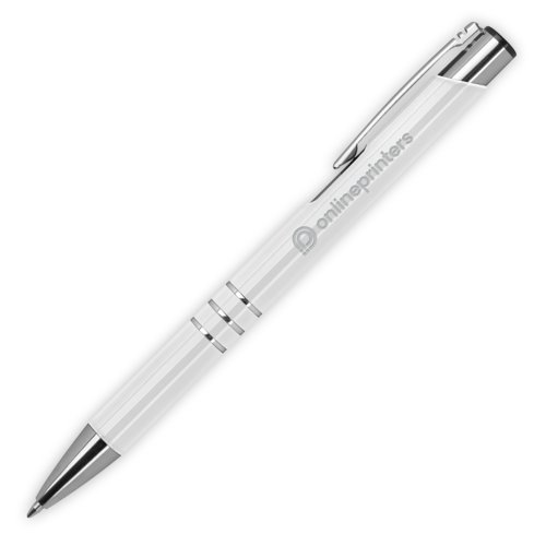 Witte metalen balpen met clip en drukknop.