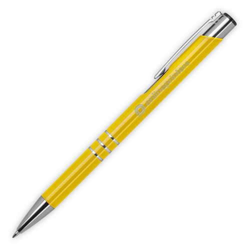Gele metalen balpen met clip en drukmechanisme.