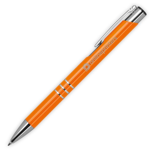 Oranje metalen balpen met patroon, clip en drukmechanisme.
