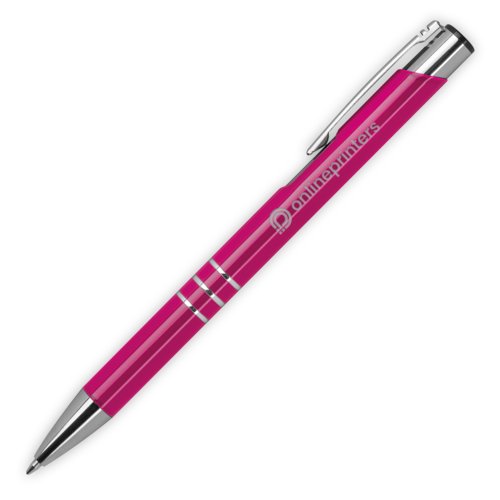 Roze metalen balpen mit patroon, clip en drukmechanisme.