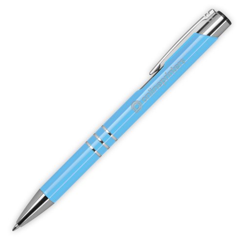 Lichtblauwe metalen balpen met clip en drukknop.