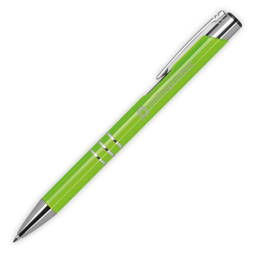 Appelgroene metalen balpen met clip en drukmechanisme.