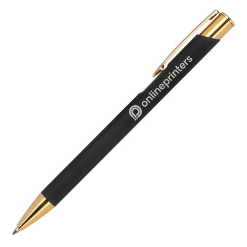 Zwarte metalen balpen met gouden accenten en clip.