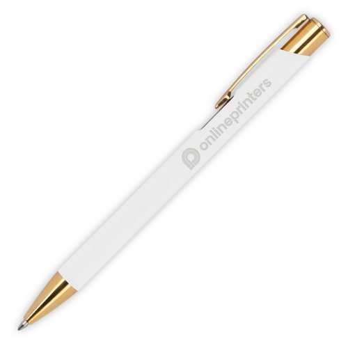 Witte metalen balpen met patroon, clip en drukmechanisme.