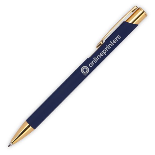 Donkerblauwe metalen balpen met patroon, clip en drukmechanisme.