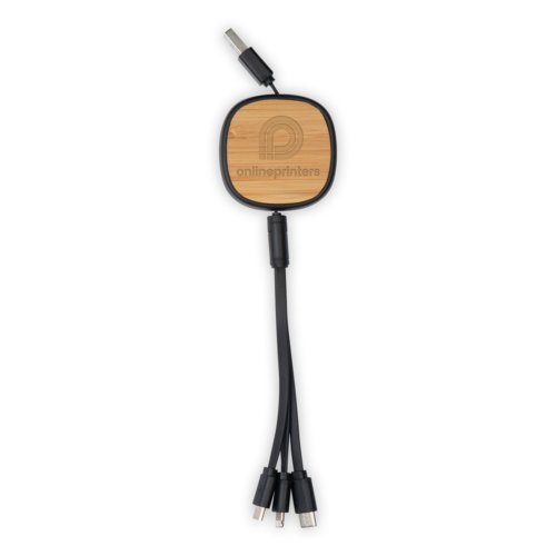 Houten laadkabel met USB-, Micro-USB- en USB-C-aansluitingen.