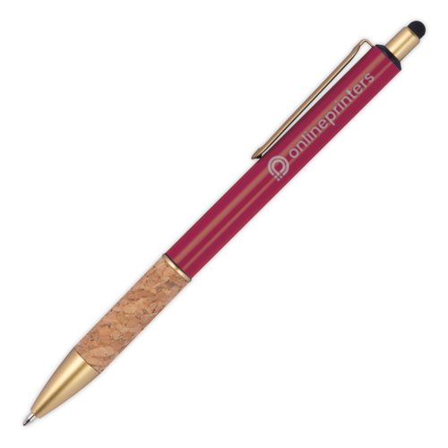 Bordeaux metalen balpen met kurk element en touchpen functie.