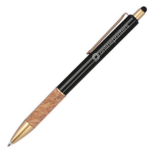 Zwarte metalen balpen met kurken grip, clip en stylus.