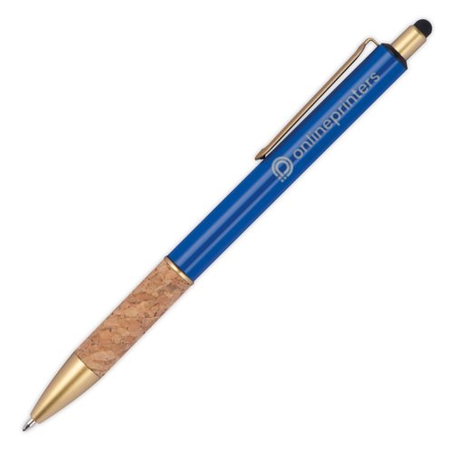 Blauwe metalen balpen met kurken grip, clip en touch pen functie.