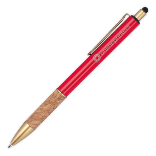 Rode metalen balpen met kurken grip en touchpen-functie.