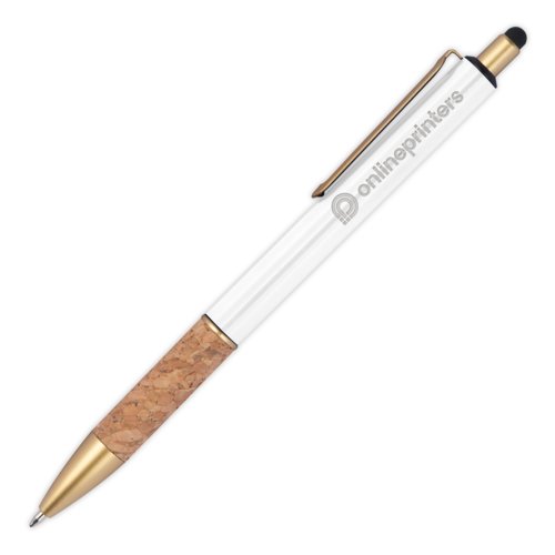 Witte metalen balpen met kurkdetail en clip.