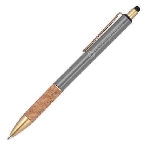 Grijze metalen balpen met kurken handvat, clip en styluspen.