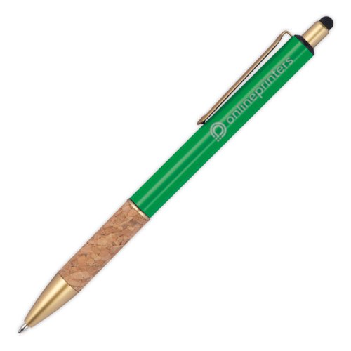 Groene metalen balpen met kurken grip, clip en touchpen functie.