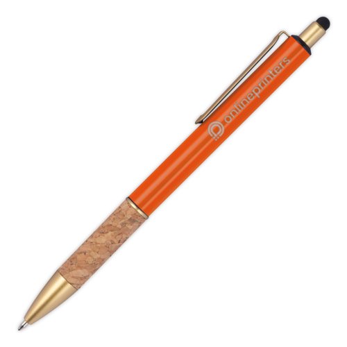 Oranje metalen balpen met kurkdetails, clip en styluspen.