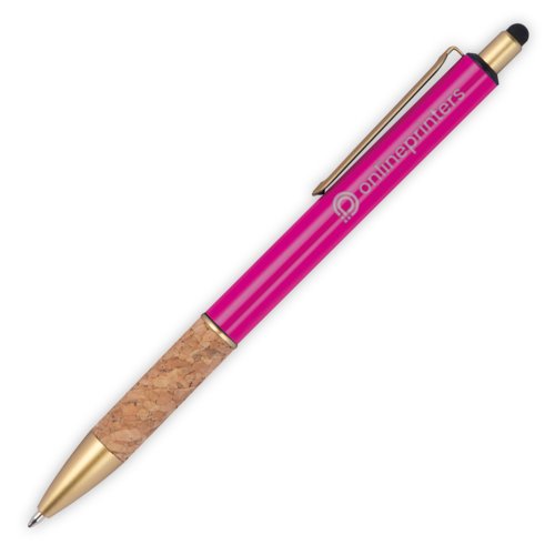 Roze metalen balpen met kurkdetails, clip en touchpenfunctie.