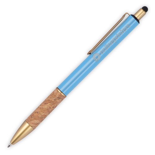 Lichtblauwe metalen balpen met kurken grip en touch pen functie.