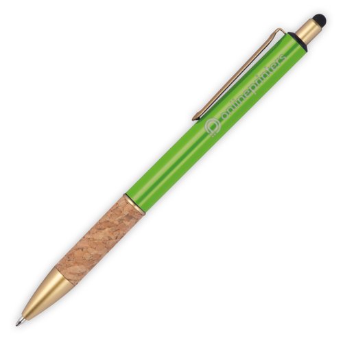 Appelgroene metalen balpen met kurken greep, clip en touchpen.