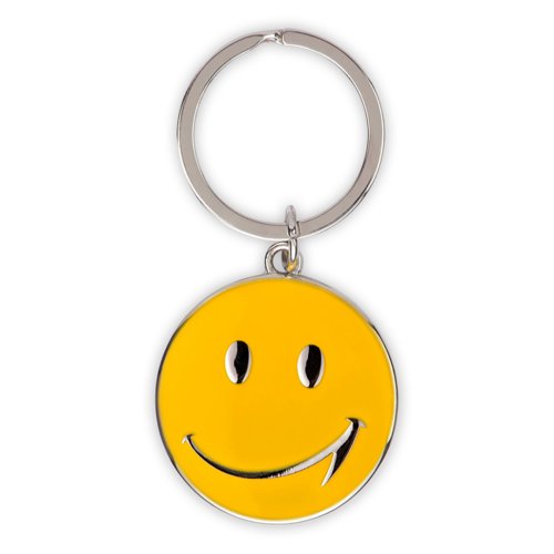Gele metalen sleutelhanger met ronde hanger en metalen ring.