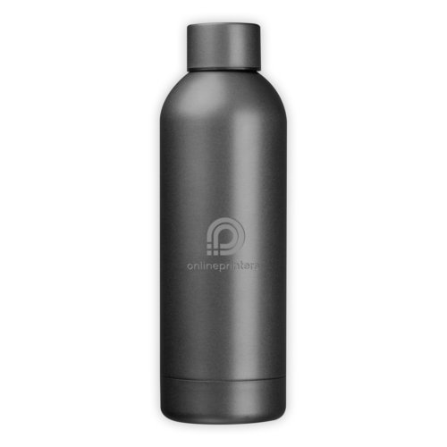 Grijze metalen vacum drinkfles met schroefdop.