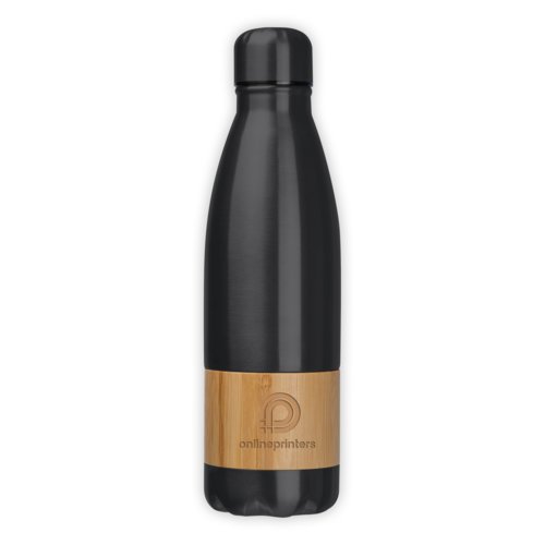 Zwarte roestvrijstalen fles met bamboe accent.